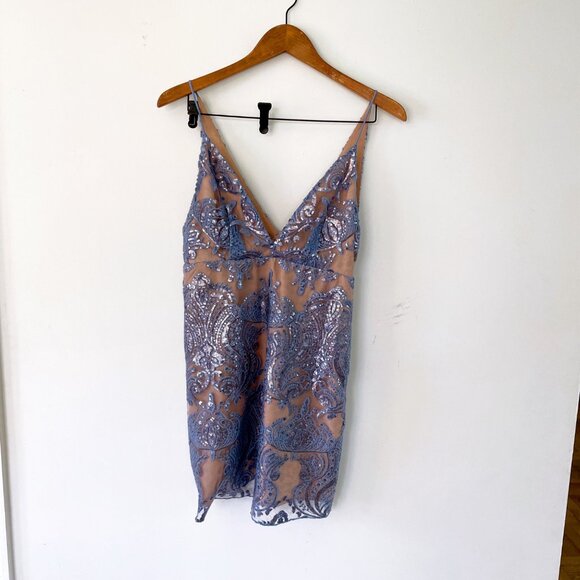 Free People Night Shimmers Blue + Tan Sequin Mini Dress Size 6 - Picture 4 of 6